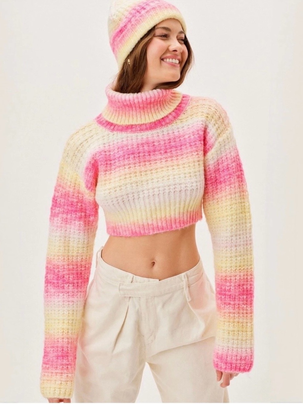 For Love & Lemons Rosa Turtleneck Crop Sweater Pink Yellow Ombre Stripe L